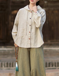 Women's Japanese Style Linen Jacket – Loose Hooded Vintage Outerwear