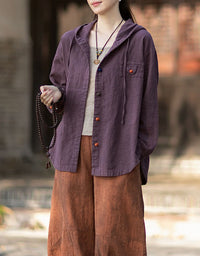 Women's Linen Blend Hooded Jacket – Loose Vintage Button Up Top