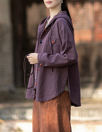 Women's Linen Hooded Jacket – Loose Fit Vintage Button Front Jacket