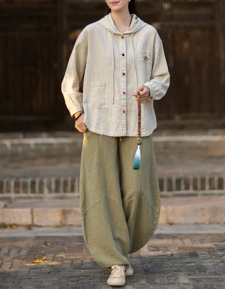 Vintage Hooded Linen Jacket for Women – Relaxed Fit Casual Outerwear