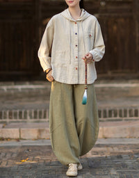 Vintage Hooded Linen Jacket for Women – Relaxed Fit Casual Outerwear