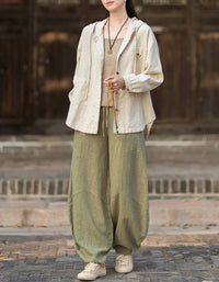 Vintage Linen Jacket for Women – Relaxed Hooded Button Up Casual Coat