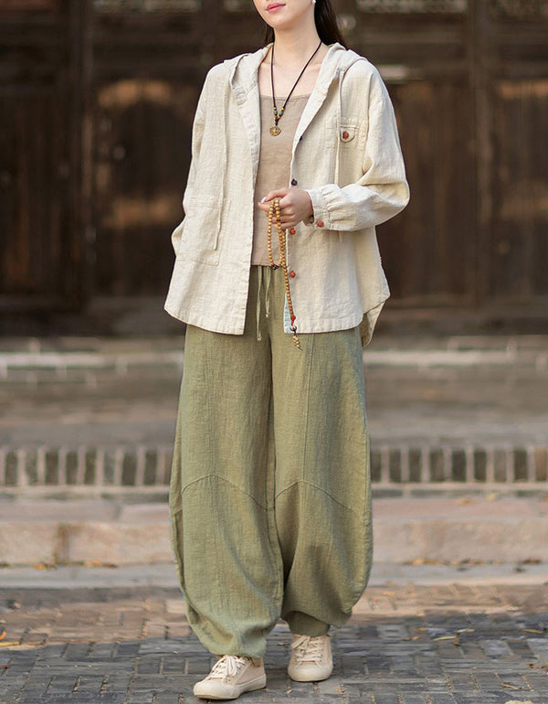 Vintage Linen Jacket for Women – Relaxed Hooded Button Up Casual Coat
