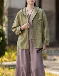 Women's Boho Linen Hooded Jacket – Relaxed Button Front Casual Outerwear