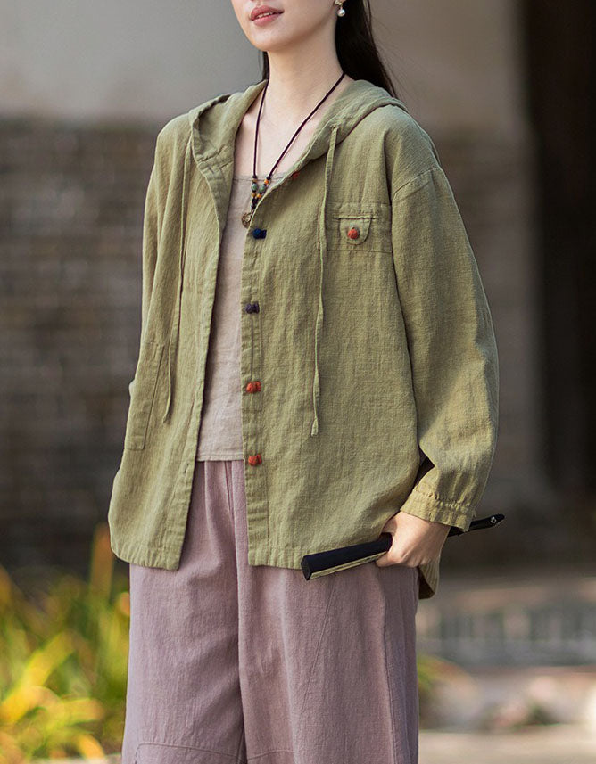 Women's Boho Linen Hooded Jacket – Relaxed Button Front Casual Outerwear
