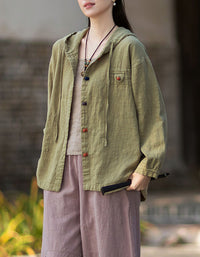 Women's Boho Linen Hooded Jacket – Relaxed Button Front Casual Outerwear