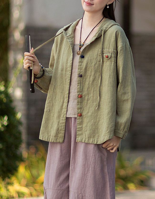 Women's Relaxed Linen Hooded Coat – Vintage Lightweight Button Jacket