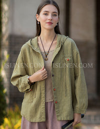 Women's Linen Hooded Jacket – Loose Fit Vintage Button Front Jacket