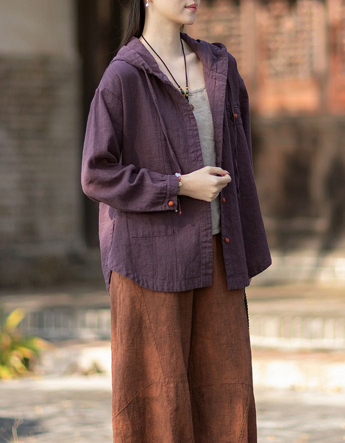 Women's Casual Linen Jacket – Vintage Hooded Button Front Overshirt