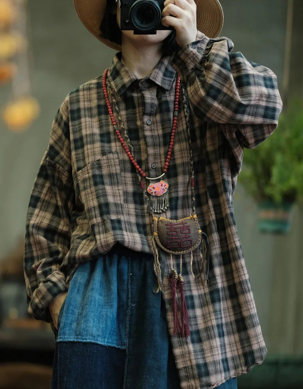 Comfortable Vintage Loose Plaid Shirt for Women - Islinen