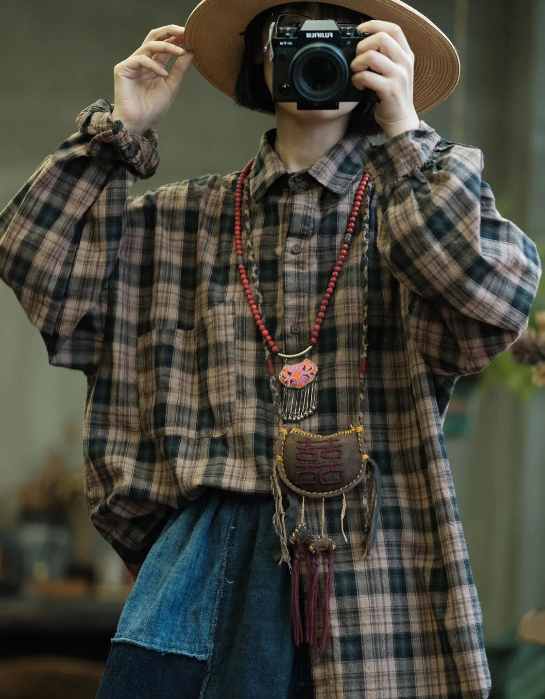 Comfortable Vintage Loose Plaid Shirt for Women - Islinen