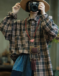Comfortable Vintage Loose Plaid Shirt for Women - Islinen