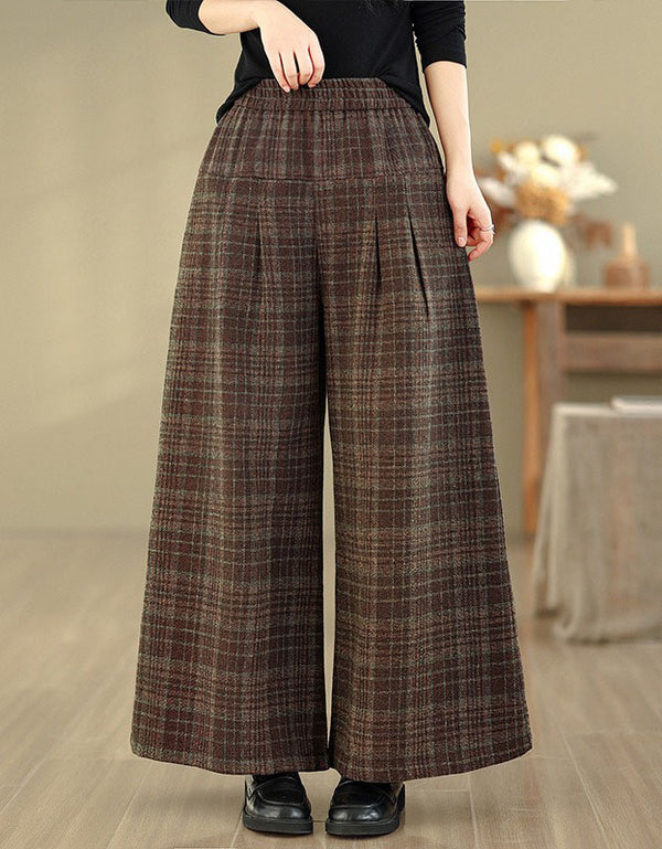 women wearing plaid wide leg pants loose fit front view