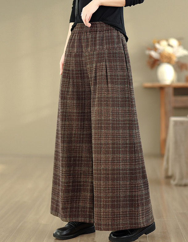 women’s vintage plaid wide leg pants elastic waist side view