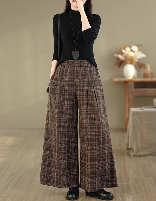 casual outfit women vintage plaid wide leg pants