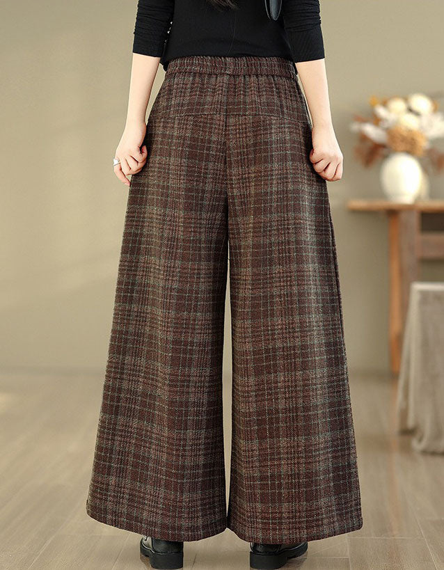 elastic waist plaid wide leg pants women back view