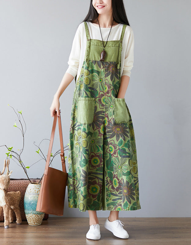 Comfortable Wide-Leg Botanical Print Denim Jumpsuit