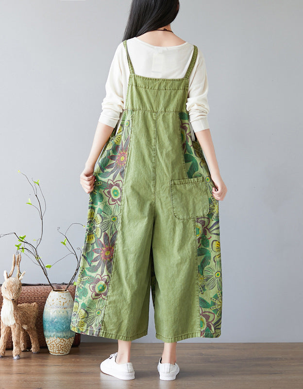 Comfortable Wide-Leg Botanical Print Denim Jumpsuit