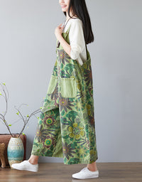 Comfortable Wide-Leg Botanical Print Denim Jumpsuit