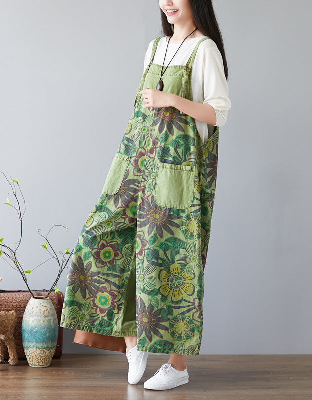Comfortable Wide-Leg Botanical Print Denim Jumpsuit