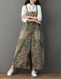 Comfortable Wide-Leg Botanical Print Denim Jumpsuit