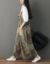 Comfortable Wide-Leg Botanical Print Denim Jumpsuit