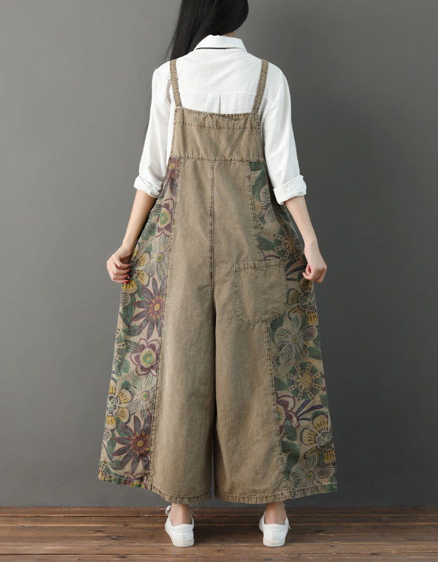 Comfortable Wide-Leg Botanical Print Denim Jumpsuit