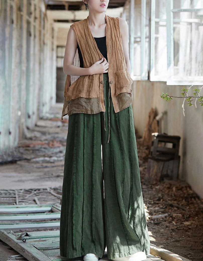 Minimalist wide leg linen pants women green