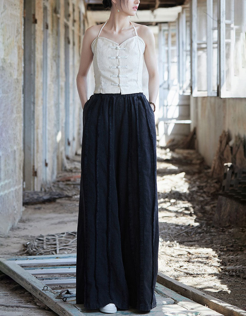 Natural linen wide pants women casual style black