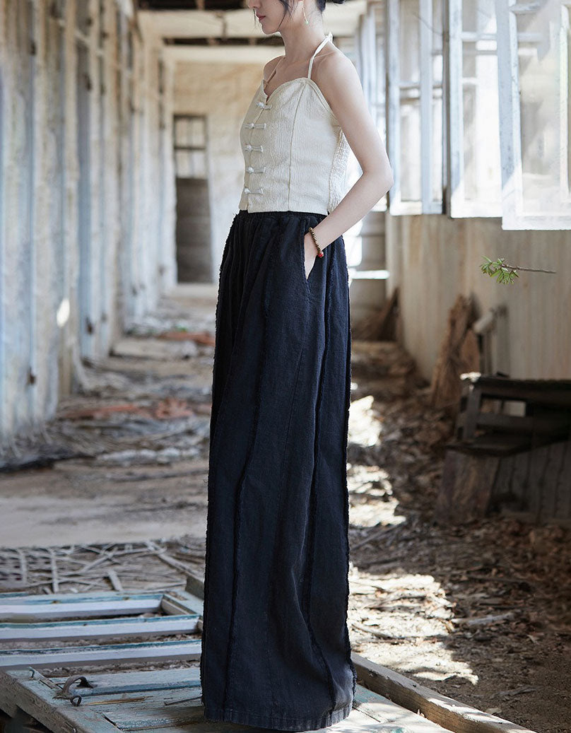 Minimalist wide leg linen pants women black