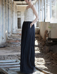 Minimalist wide leg linen pants women black