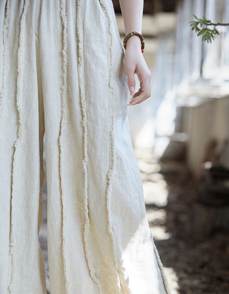 Comfortable elastic waist linen pants for women beige