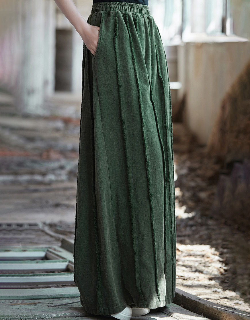 Natural linen wide pants women casual style green