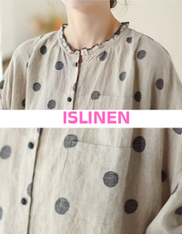 Details of loose fit linen shirt with polka dots and cuffed sleeves
