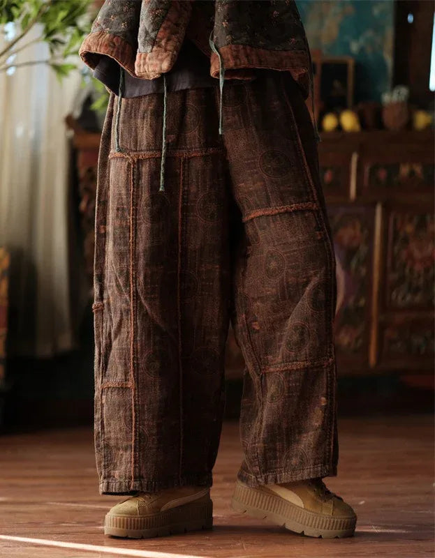 Comfortable Women's Vintage Patchwork Cotton Wide Leg Trousers - Islinen