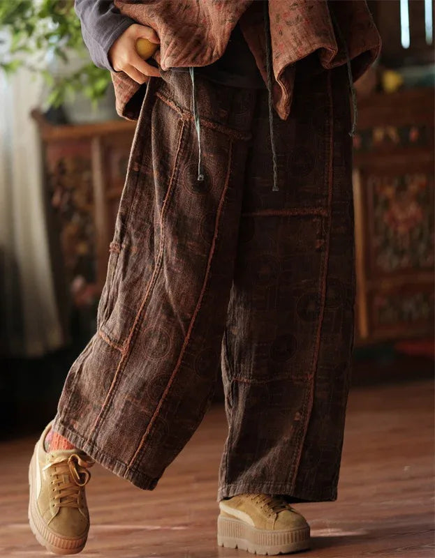 Comfortable Women's Vintage Patchwork Cotton Wide Leg Trousers - Islinen