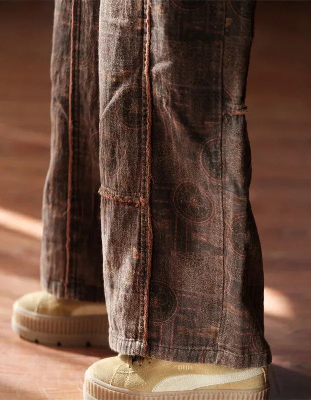 Comfortable Women's Vintage Patchwork Cotton Wide Leg Trousers - Islinen