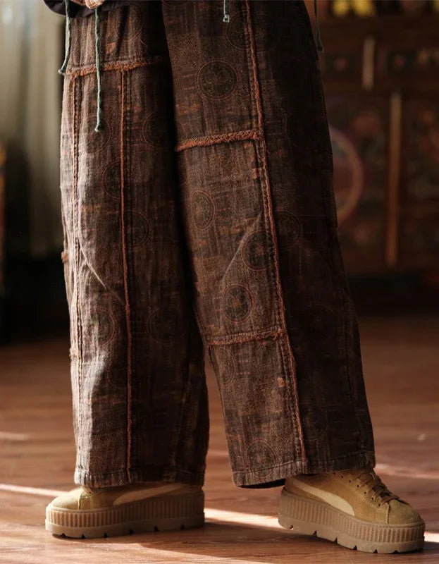 Comfortable Women's Vintage Patchwork Cotton Wide Leg Trousers - Islinen