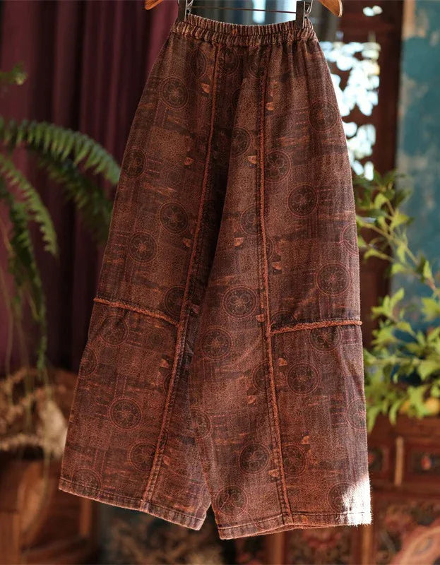 Comfortable Women's Vintage Patchwork Cotton Wide Leg Trousers - Islinen