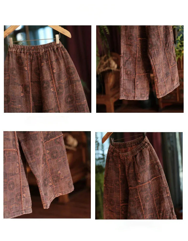 Comfortable Women's Vintage Patchwork Cotton Wide Leg Trousers - Islinen