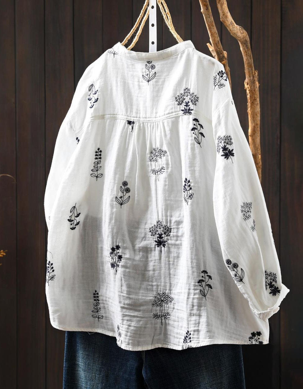 Long sleeve embroidered linen shirt women relaxed fit back view