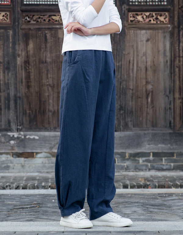 Comfy Loose Fit Elastic Waist Ramie Linen Pants