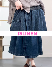 Close-up of the functional side cargo pocket on a casual midi jean skirt