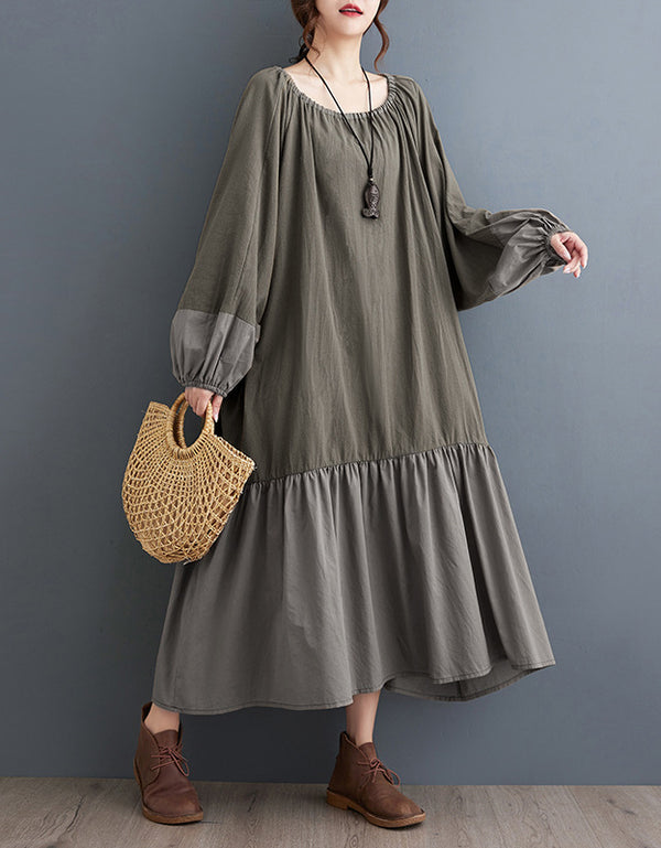 Bohemian Artistic Oversized Green Cotton Linen Maxi Dress
