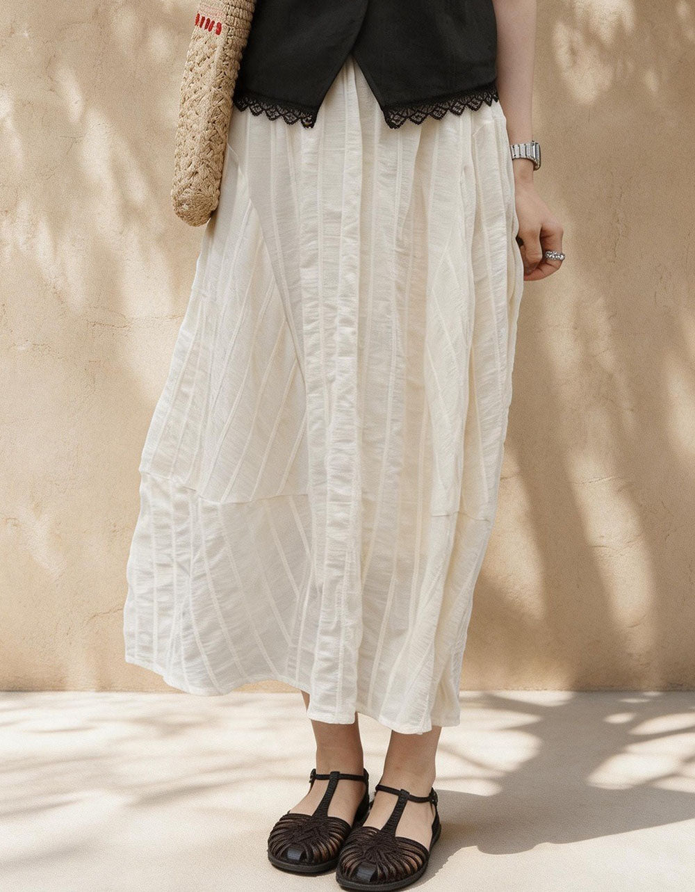 Women Vintage Textured Cotton Linen Maxi Skirt White