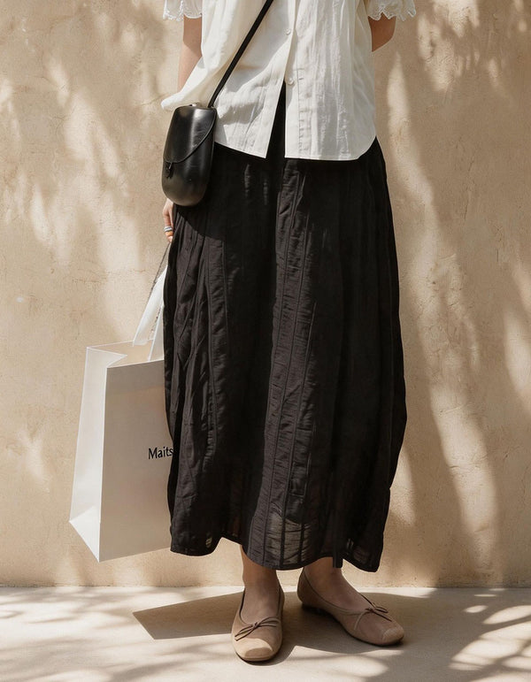 Casual Textured Cotton Linen A-Line Maxi Skirt Women