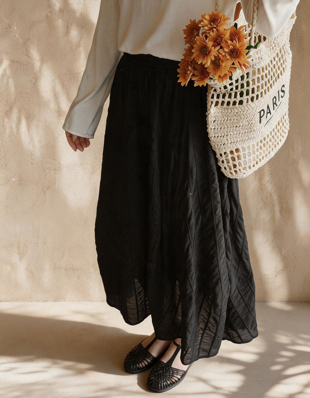 Vintage Textured White Cotton Linen Maxi Skirt