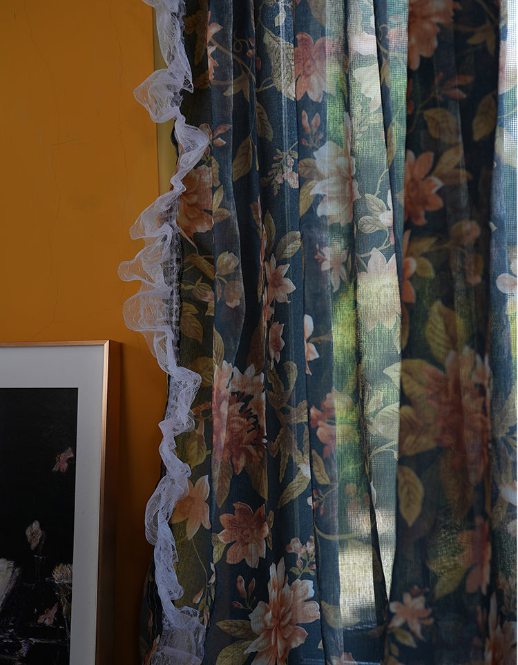 Elegant Vintage Floral Print Curtain with Lace Trim