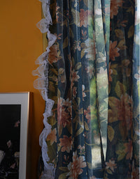 Elegant Vintage Floral Print Curtain with Lace Trim