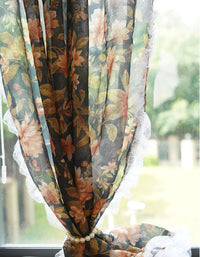 Elegant Vintage Floral Print Curtain with Lace Trim